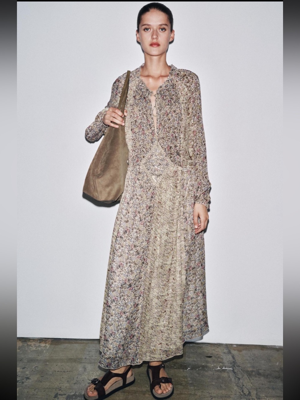 Zara Beige Floral Maxi Dress with Pink and Blue Accents